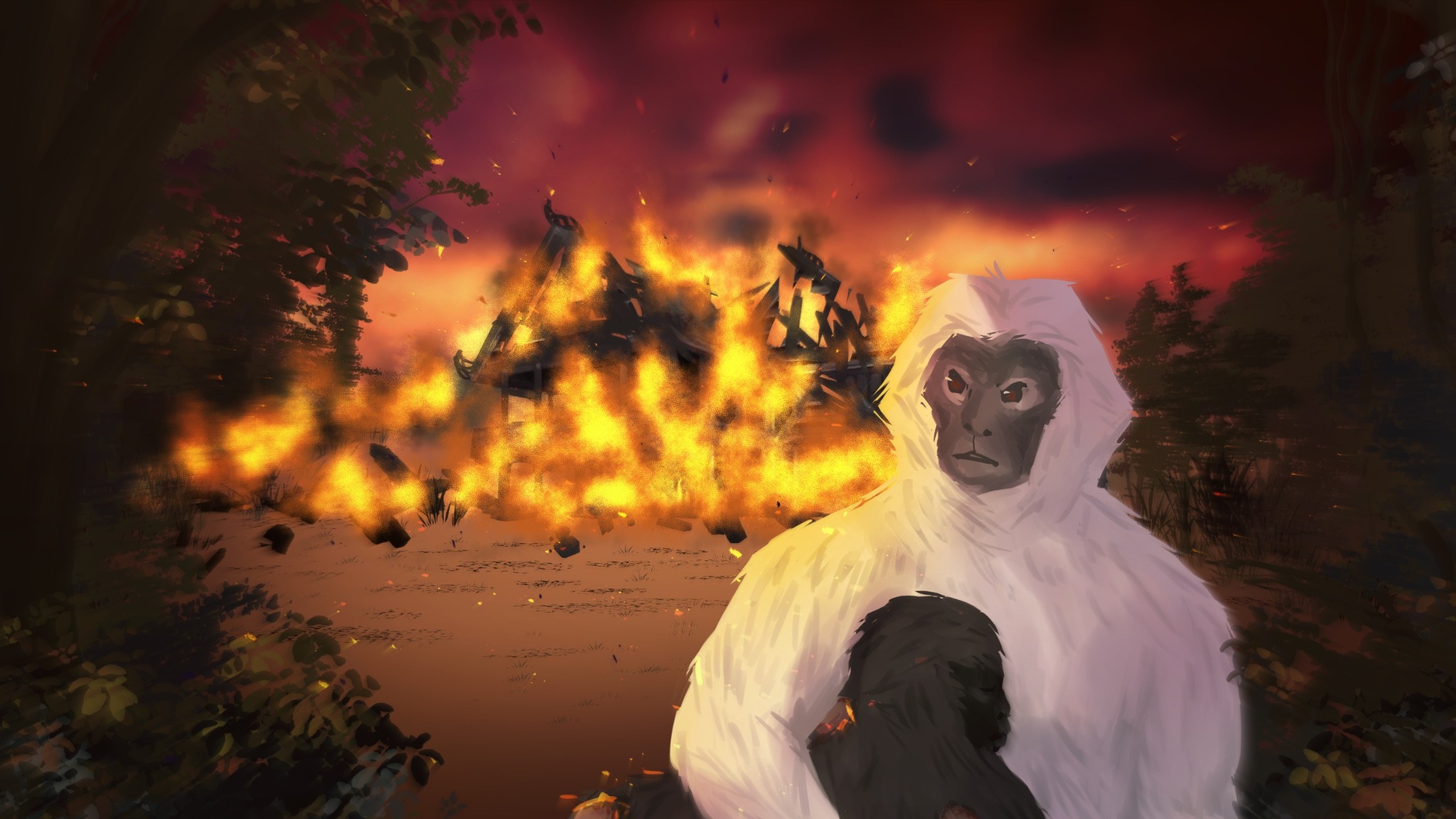 Painted key art: a white monkey holding a dark infant in front of a burning wooden house